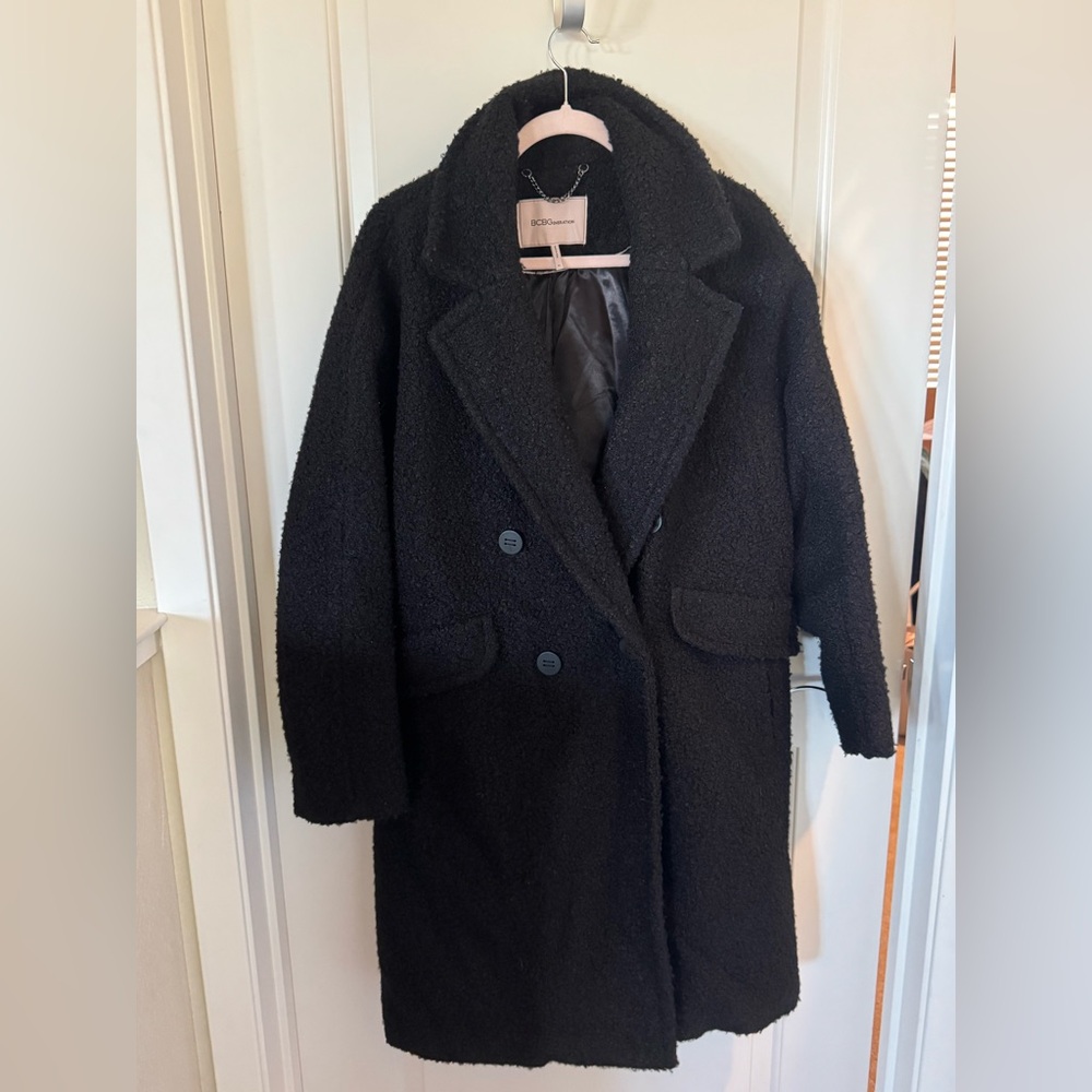 BCBG - XL- Women's Black Pea Coat - Sherpa Like fabric/satin lining. New w/o tag